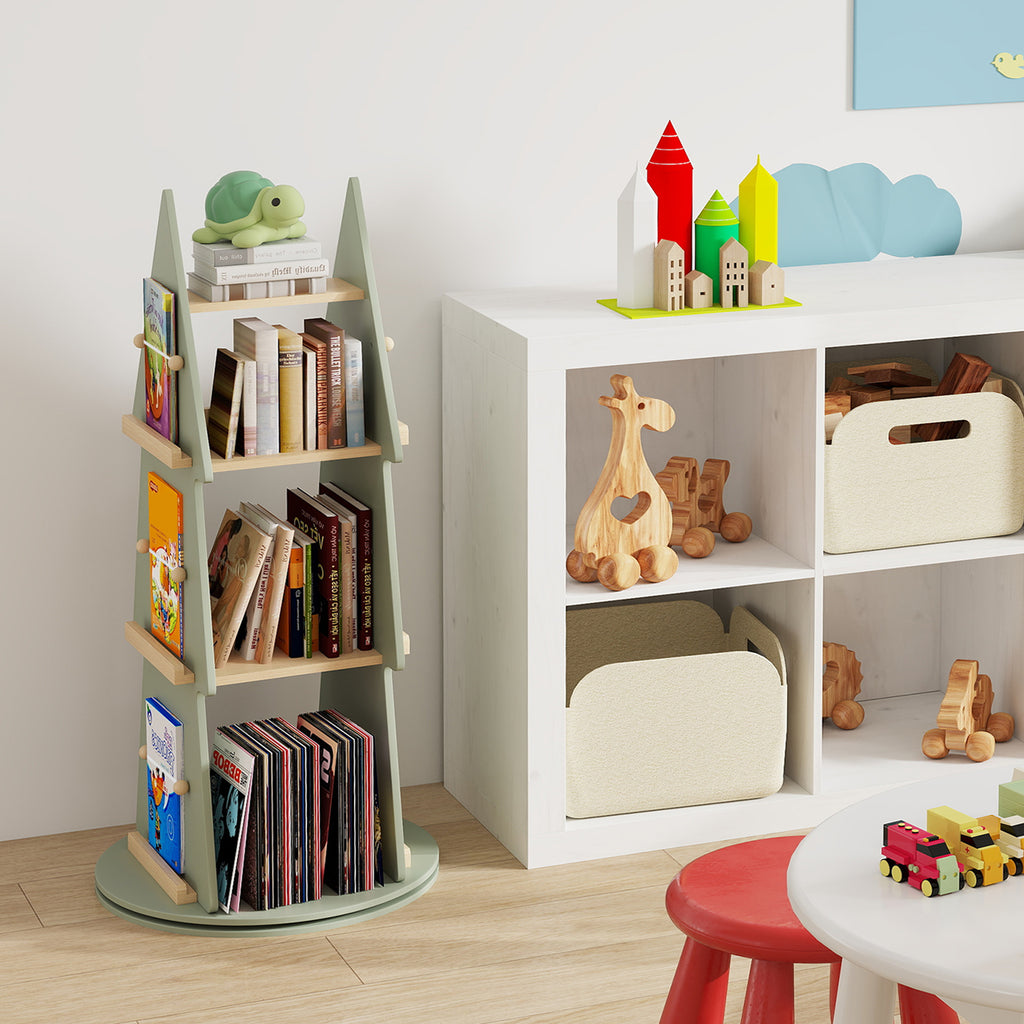 Kids Rotating Tree Shape Bookshelf - 4 Tiers, Green, 360° Display Storage Organizer