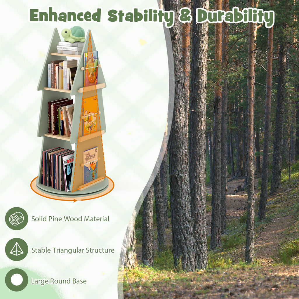 Kids Rotating Tree Shape Bookshelf - 4 Tiers, Green, 360° Display Storage Organizer