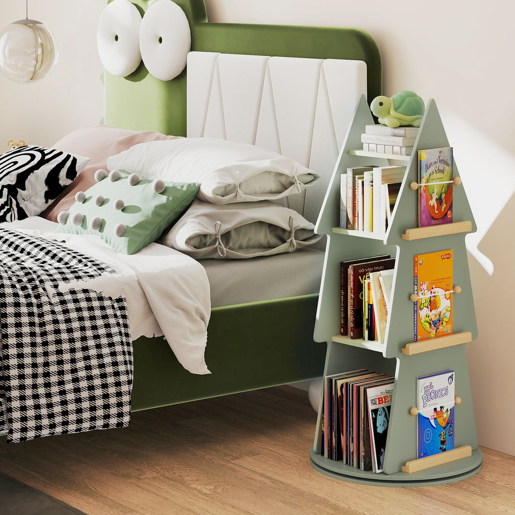 Kids Rotating Tree Shape Bookshelf - 4 Tiers, Green, 360° Display Storage Organizer