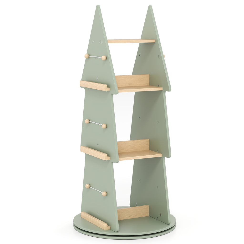 Kids Rotating Tree Shape Bookshelf - 4 Tiers, Green, 360° Display Storage Organizer
