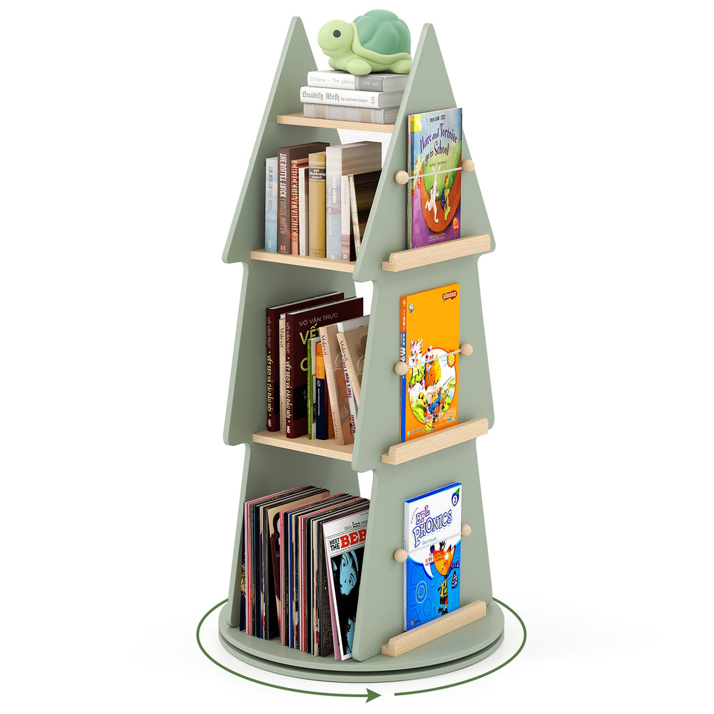 Kids Rotating Tree Shape Bookshelf - 4 Tiers, Green, 360° Display Storage Organizer
