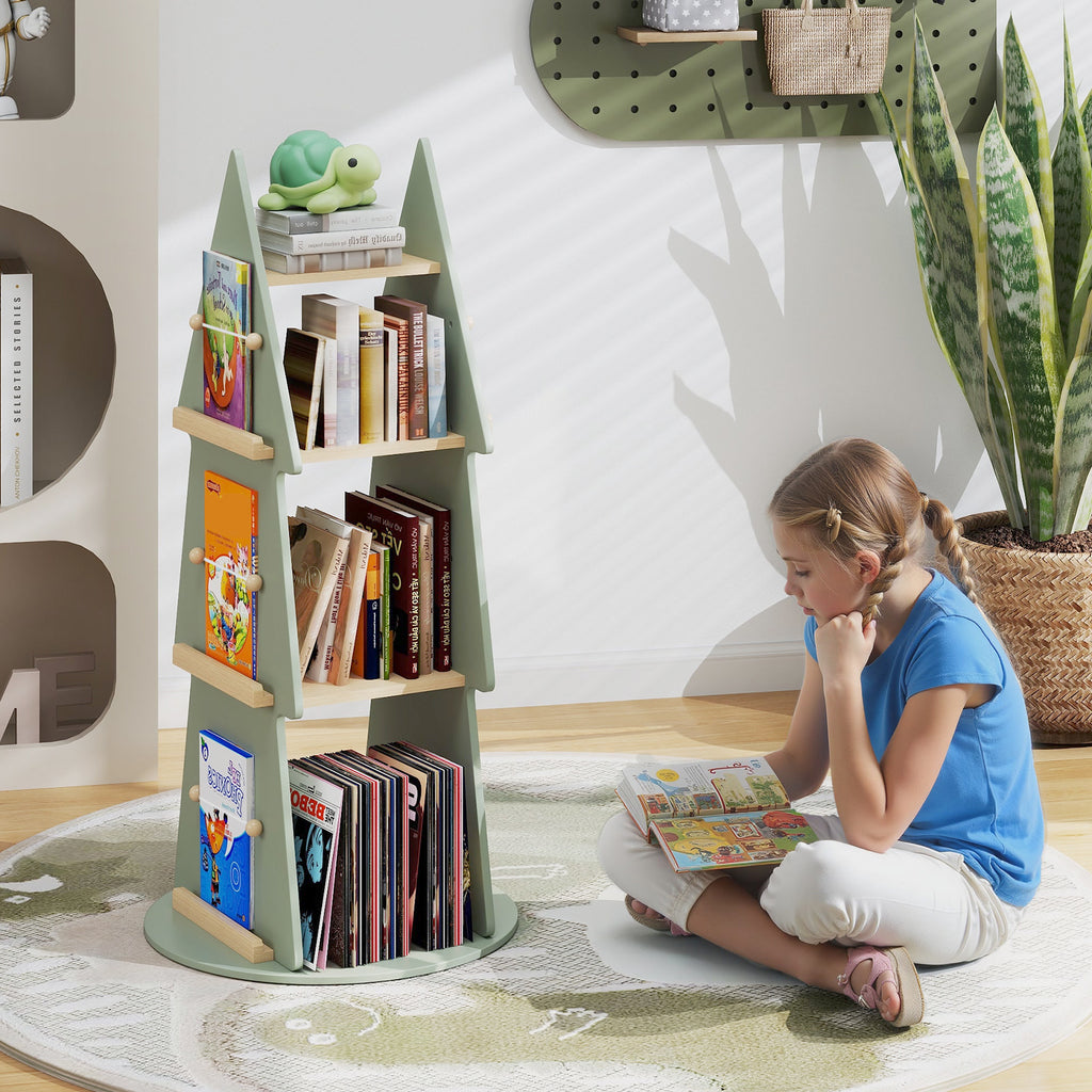 Kids Rotating Tree Shape Bookshelf - 4 Tiers, Green, 360° Display Storage Organizer
