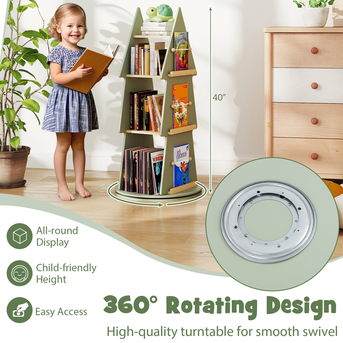 Kids Rotating Tree Shape Bookshelf - 4 Tiers, Green, 360° Display Storage Organizer