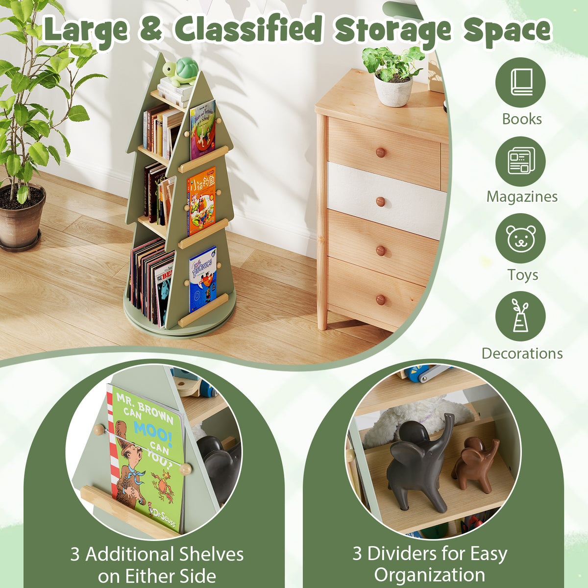 Kids Rotating Tree Shape Bookshelf - 4 Tiers, Green, 360° Display Storage Organizer