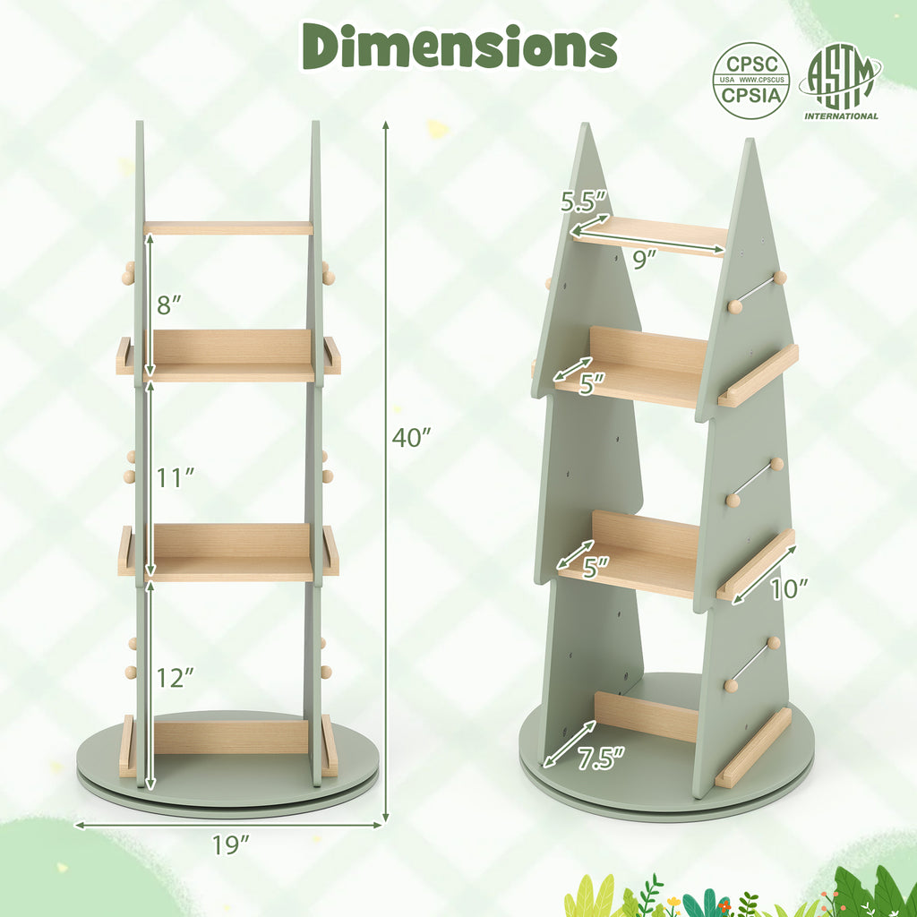 Kids Rotating Tree Shape Bookshelf - 4 Tiers, Green, 360° Display Storage Organizer