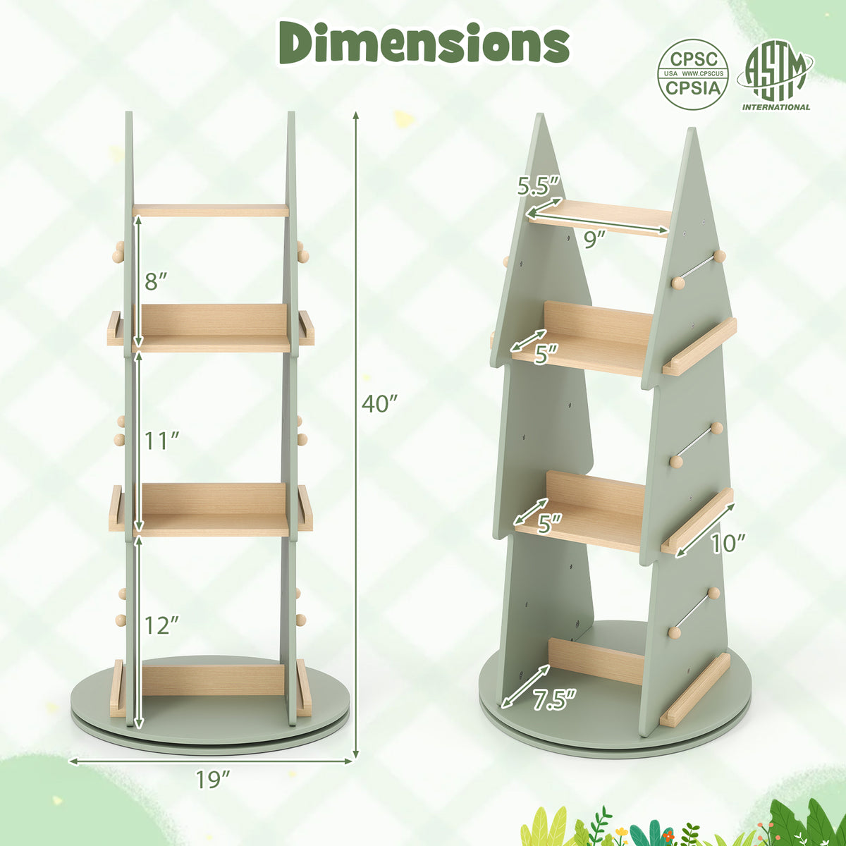 Kids Rotating Tree Shape Bookshelf - 4 Tiers, Green, 360° Display Storage Organizer