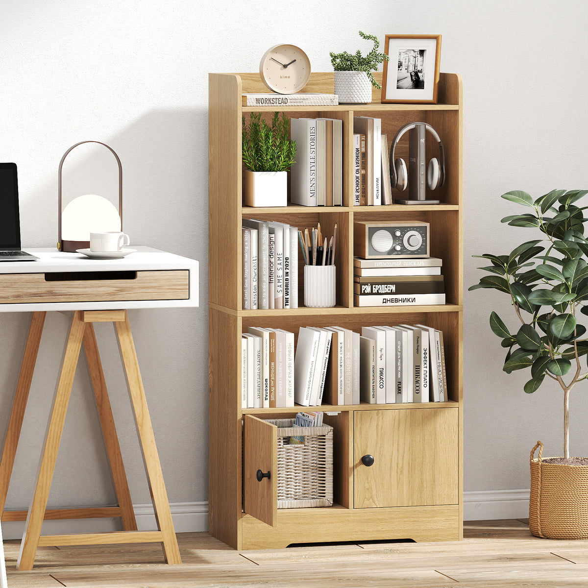 4-Tier Bookshelf with Cubes & 2-Door Cabinet - Natural