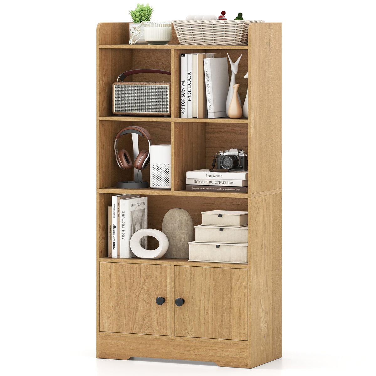 4-Tier Bookshelf with Cubes & 2-Door Cabinet - Natural
