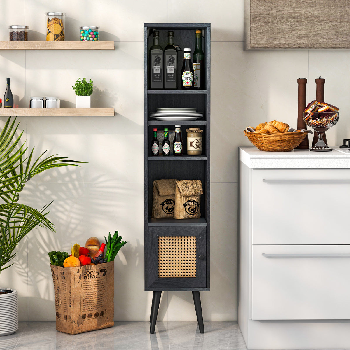 Tall Narrow Bookcase 54 Inches with Rattan Door, Black