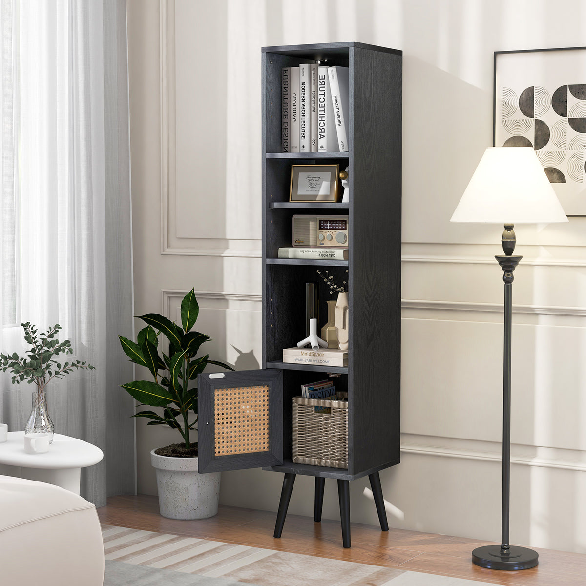 Tall Narrow Bookcase 54 Inches with Rattan Door, Black