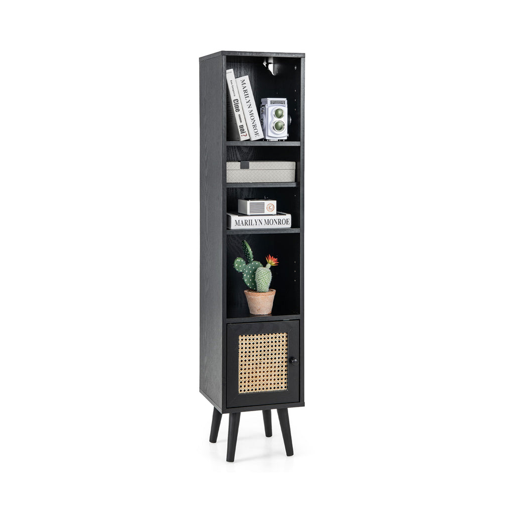 Tall Narrow Bookcase 54 Inches with Rattan Door, Black