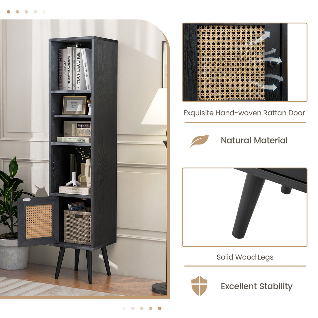Tall Narrow Bookcase 54 Inches with Rattan Door, Black