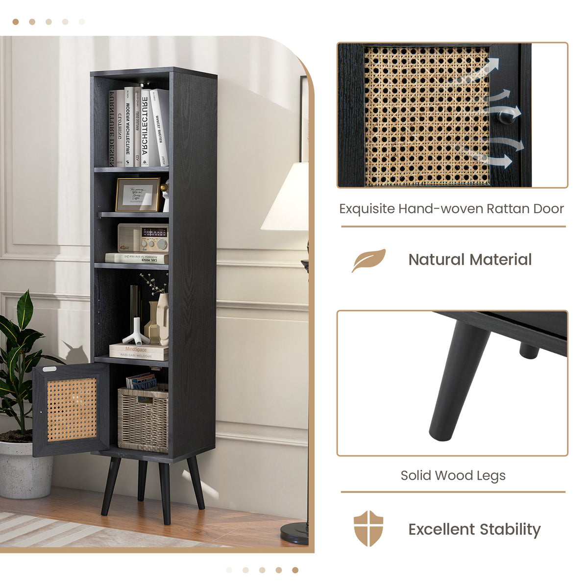 Tall Narrow Bookcase 54 Inches with Rattan Door, Black
