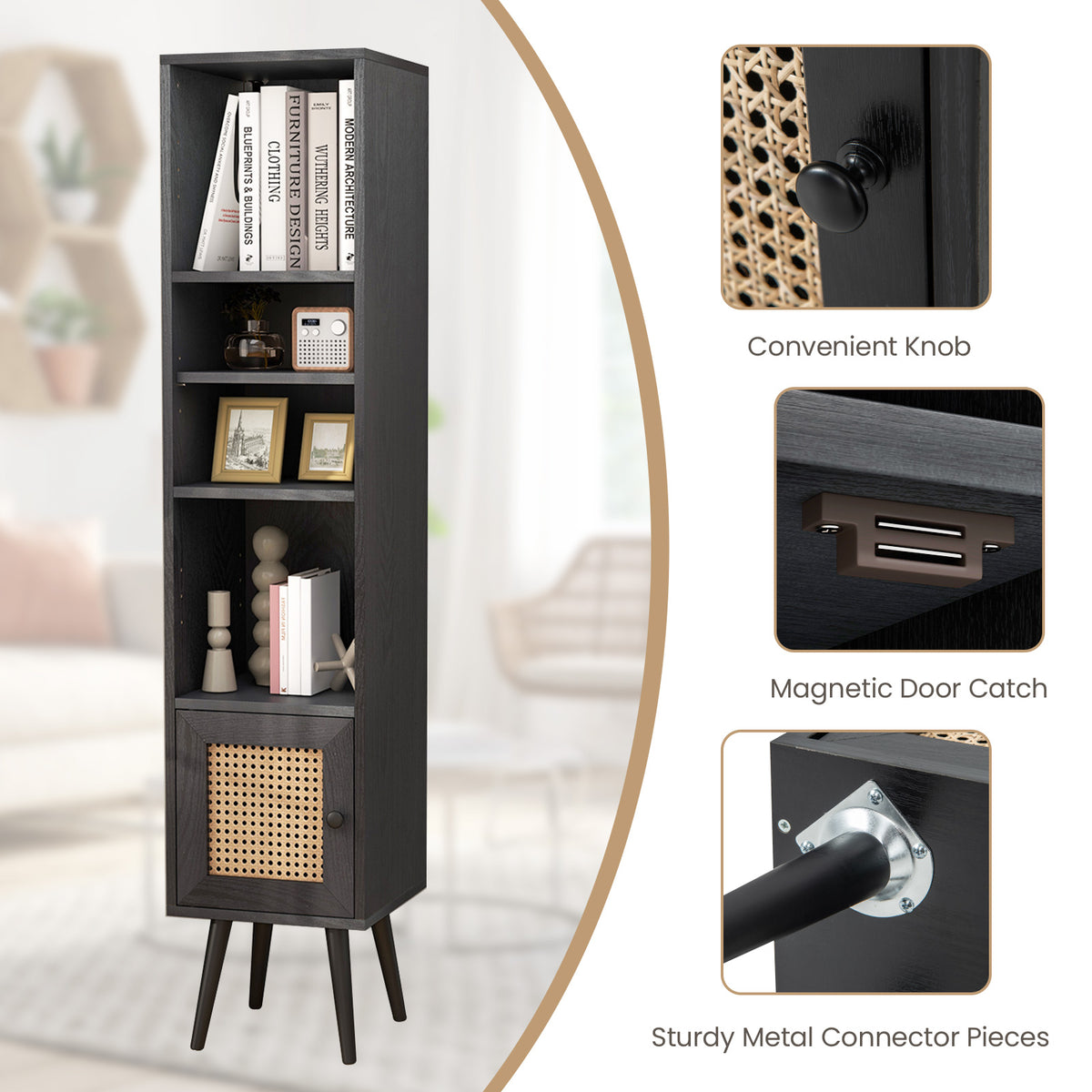 Tall Narrow Bookcase 54 Inches with Rattan Door, Black