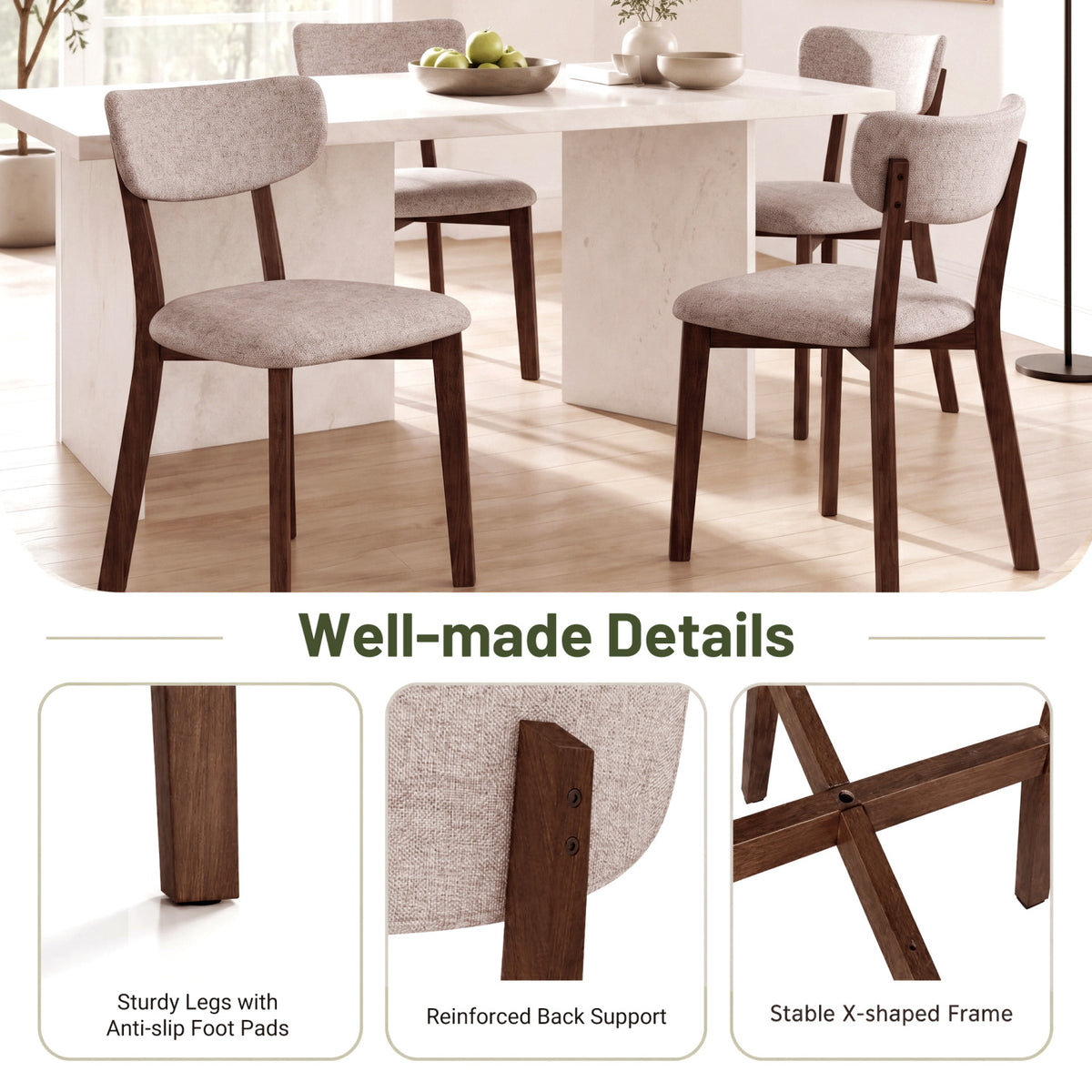 Upholstered Dining Chairs Set of 4 with Curved Backrest - Brown