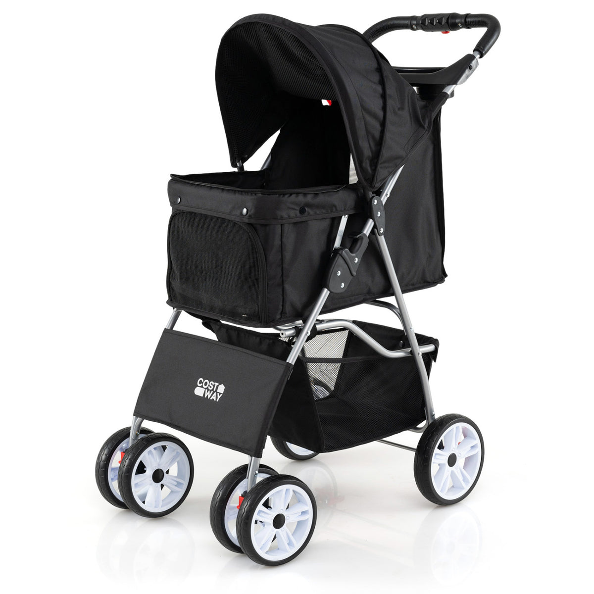 Foldable 4-Wheel Pet Stroller for Small Dogs Cats up to 33 lbs with Basket & Cup Holders - Black