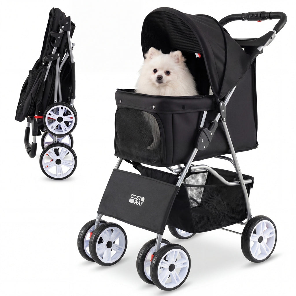 Foldable 4-Wheel Pet Stroller for Small Dogs Cats up to 33 lbs with Basket & Cup Holders - Black
