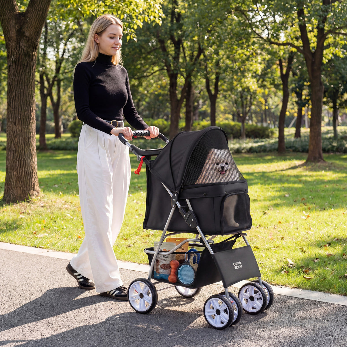 Foldable 4-Wheel Pet Stroller for Small Dogs Cats up to 33 lbs with Basket & Cup Holders - Black
