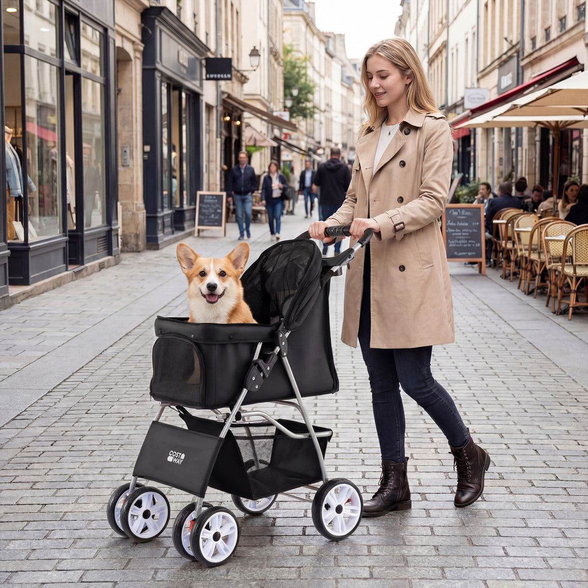 Foldable 4-Wheel Pet Stroller for Small Dogs Cats up to 33 lbs with Basket & Cup Holders - Black