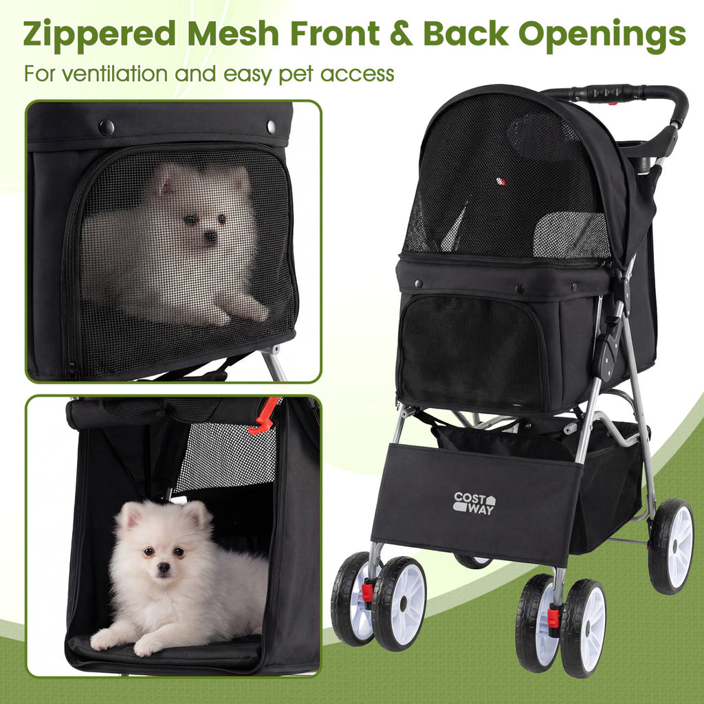 Foldable 4-Wheel Pet Stroller for Small Dogs Cats up to 33 lbs with Basket & Cup Holders - Black