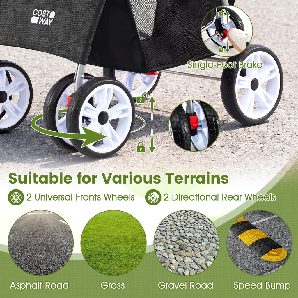 Foldable 4-Wheel Pet Stroller for Small Dogs Cats up to 33 lbs with Basket & Cup Holders - Black