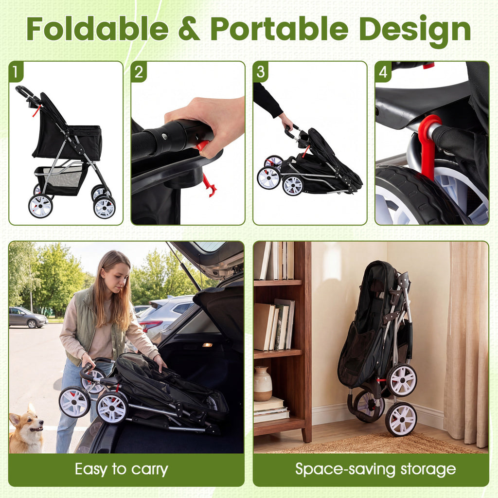 Foldable 4-Wheel Pet Stroller for Small Dogs Cats up to 33 lbs with Basket & Cup Holders - Black