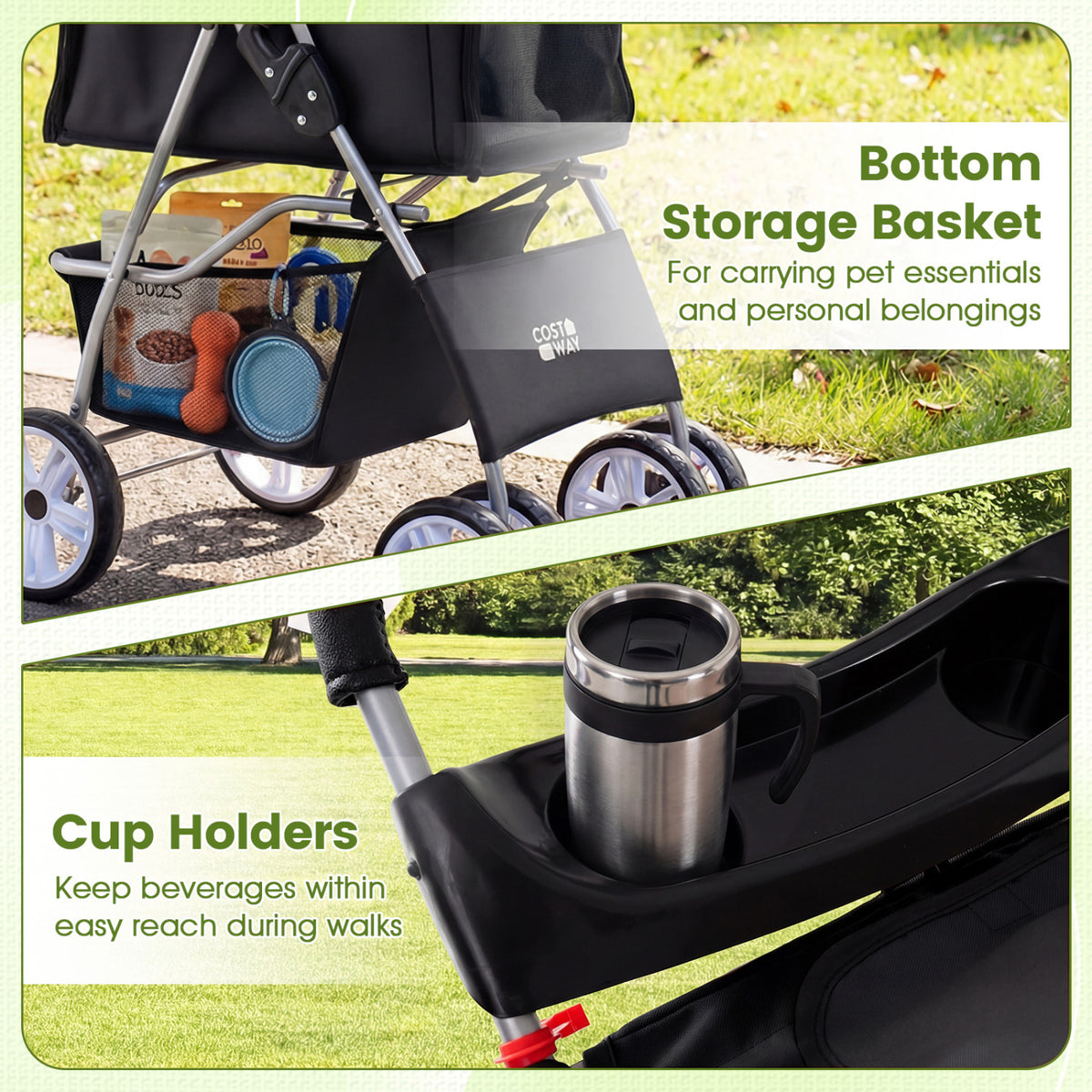 Foldable 4-Wheel Pet Stroller for Small Dogs Cats up to 33 lbs with Basket & Cup Holders - Black