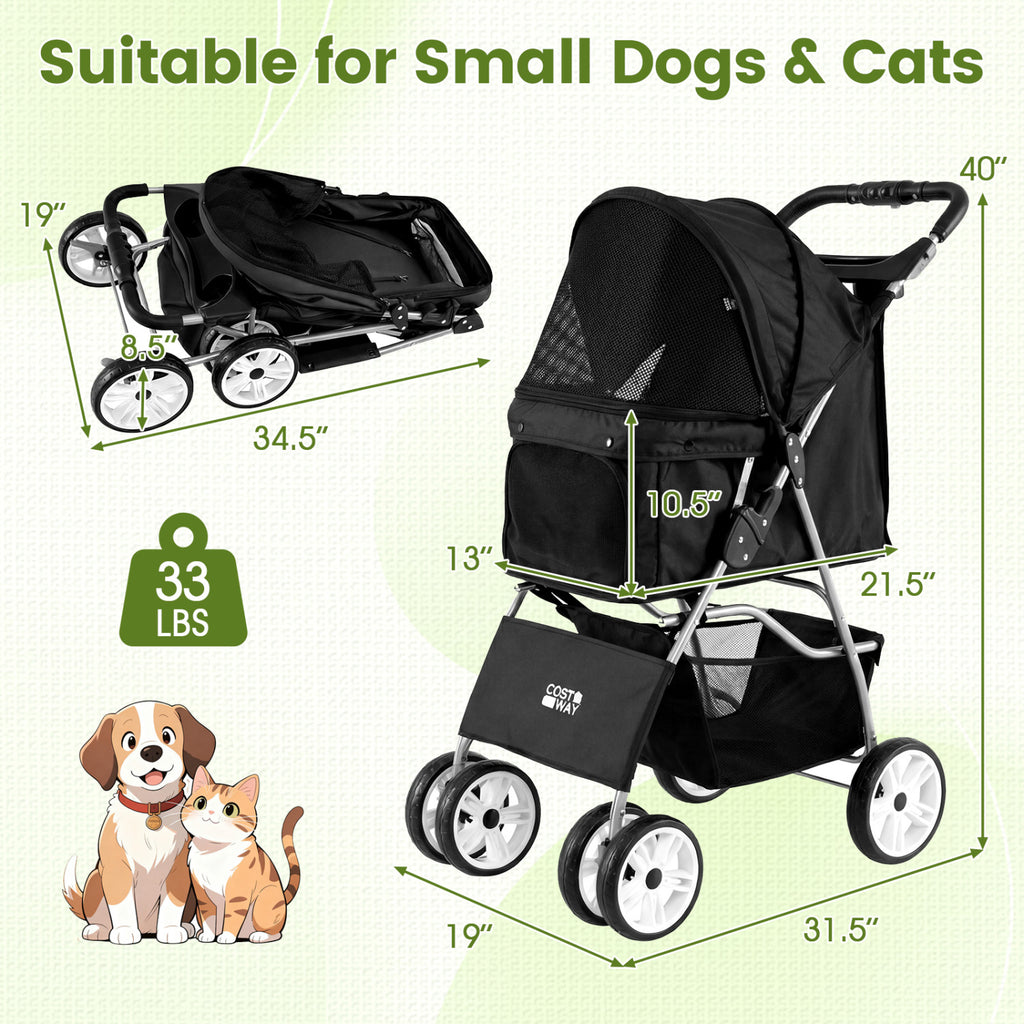 Foldable 4-Wheel Pet Stroller for Small Dogs Cats up to 33 lbs with Basket & Cup Holders - Black