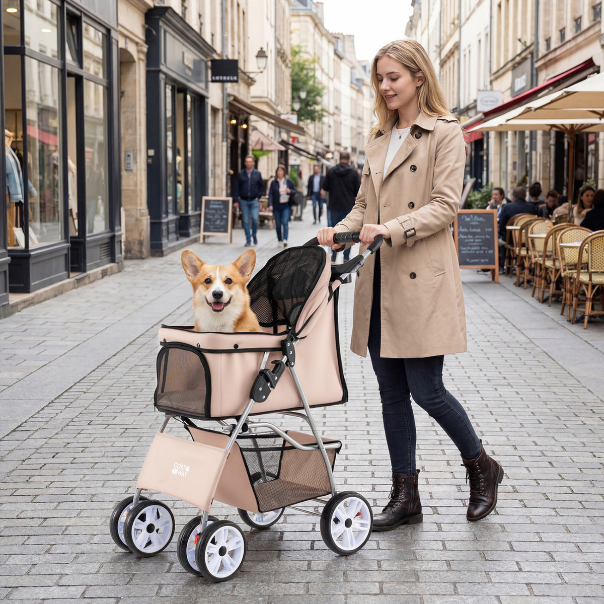Foldable 4-Wheel Pet Stroller for Small Dogs Cats up to 33 lbs with Basket & Cup Holders - Black
