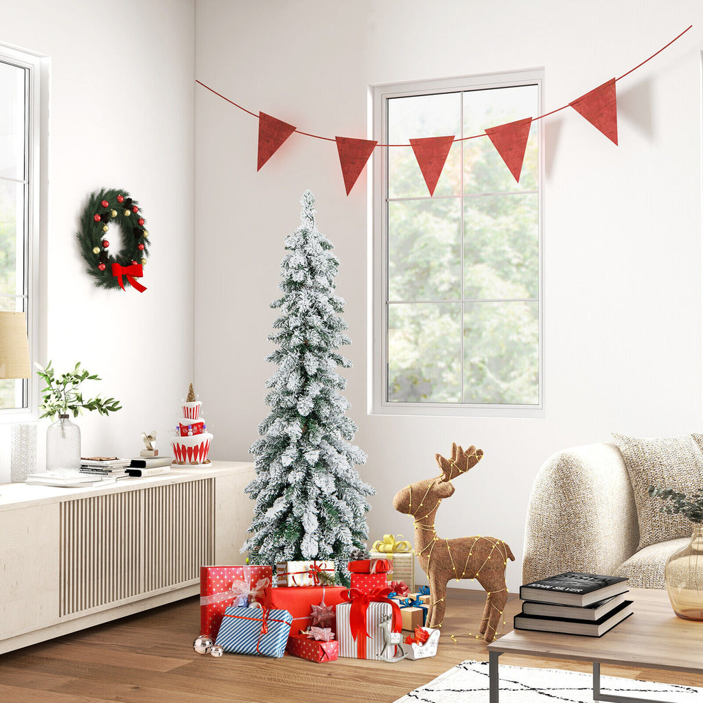 4 ft Snow-Flocked Slim Artificial Christmas Tree with LED Lights - Costway