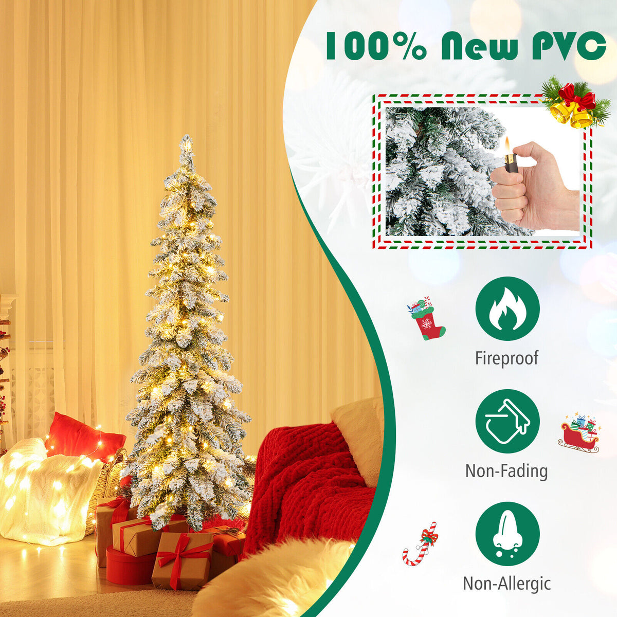 4 ft Snow-Flocked Slim Artificial Christmas Tree with LED Lights - Costway