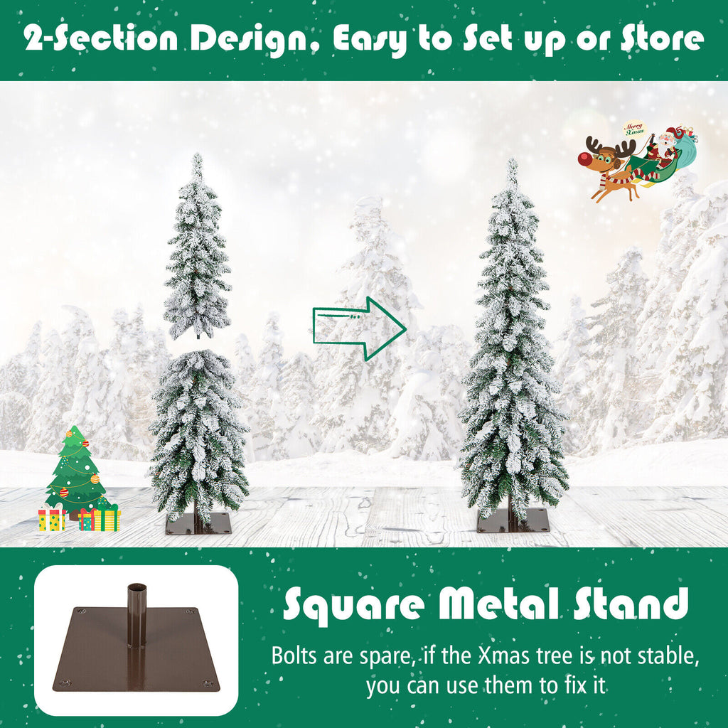 4 ft Snow-Flocked Slim Artificial Christmas Tree with LED Lights - Costway