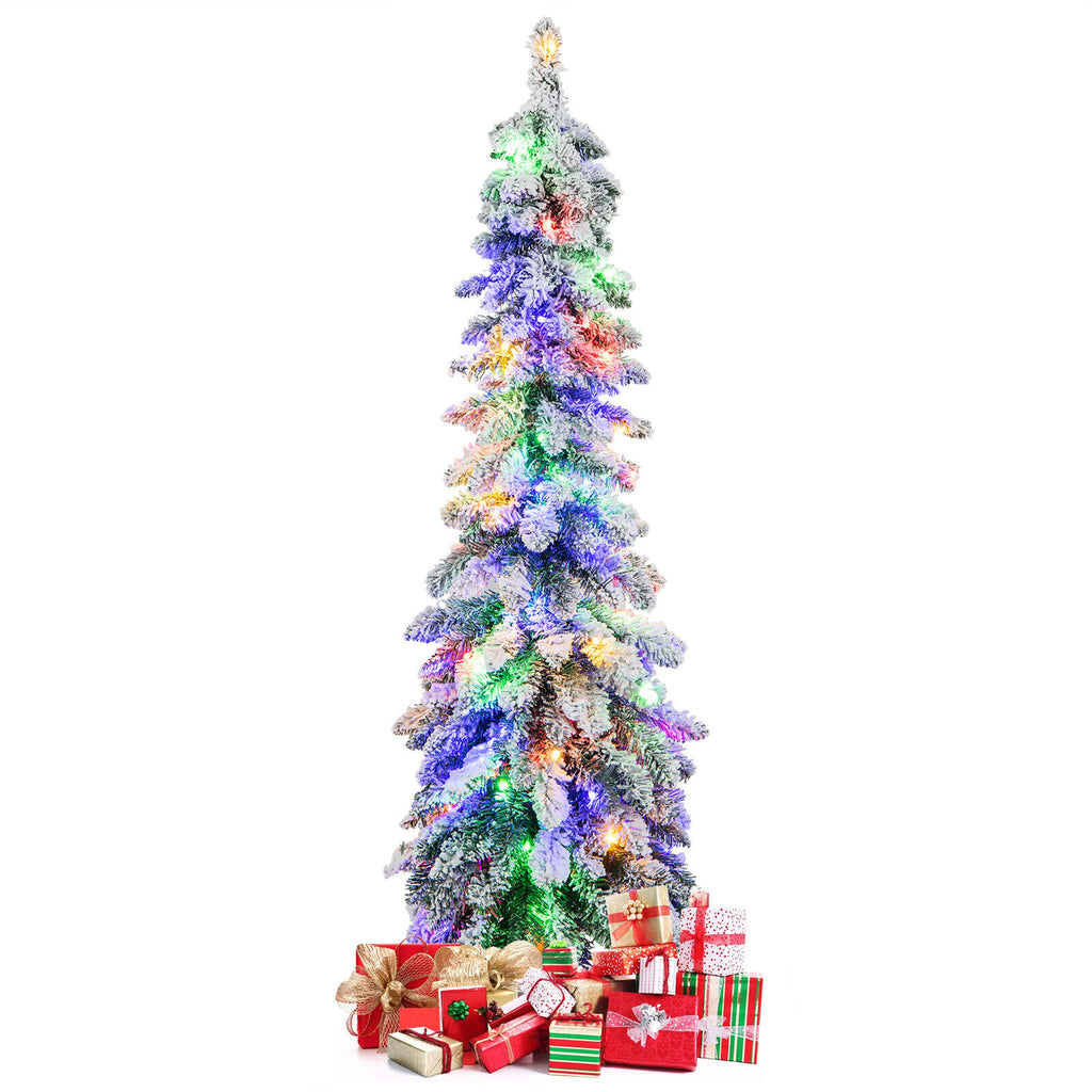 4 ft Snow-Flocked Slim Artificial Christmas Tree with LED Lights - Costway
