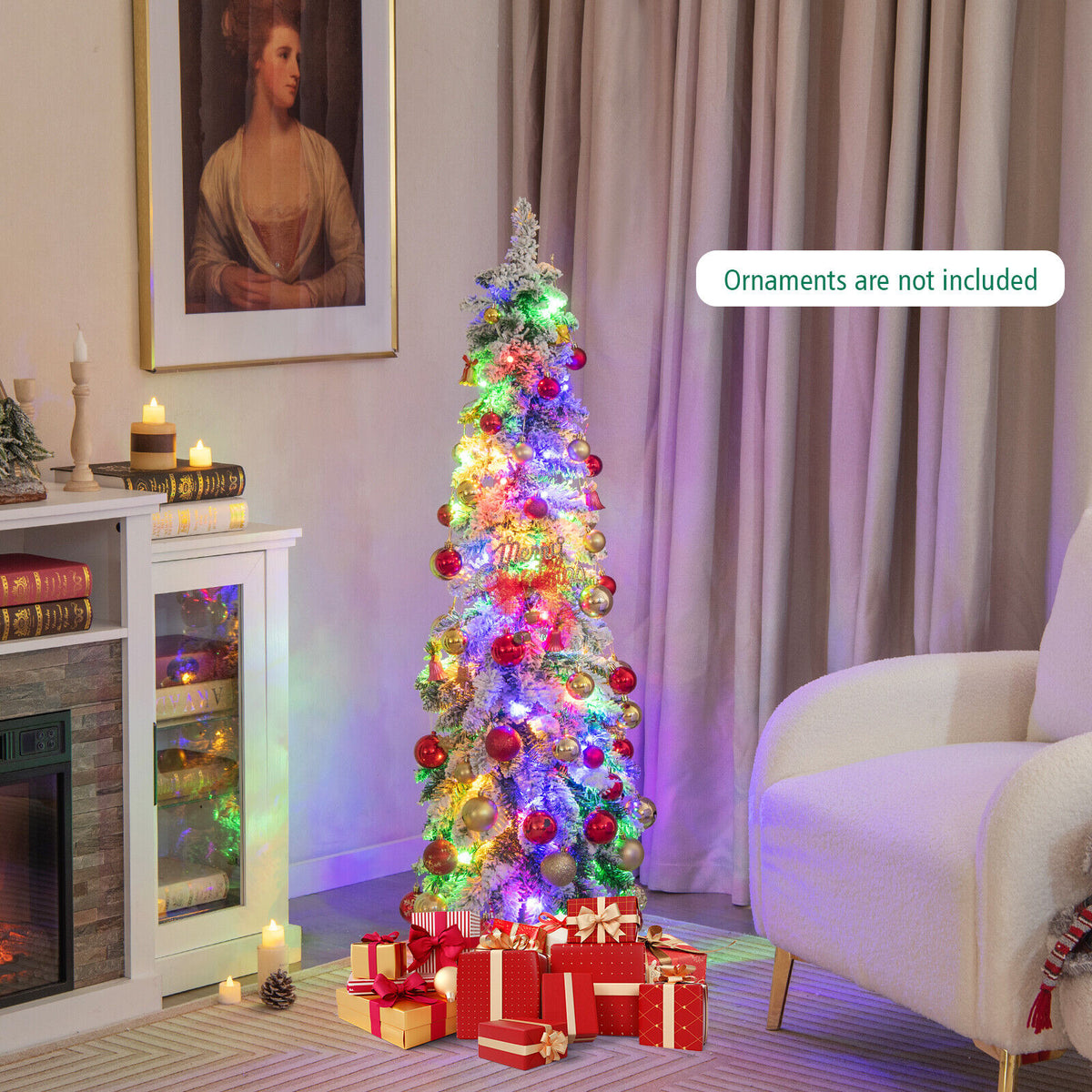 4 ft Snow-Flocked Slim Artificial Christmas Tree with LED Lights - Costway