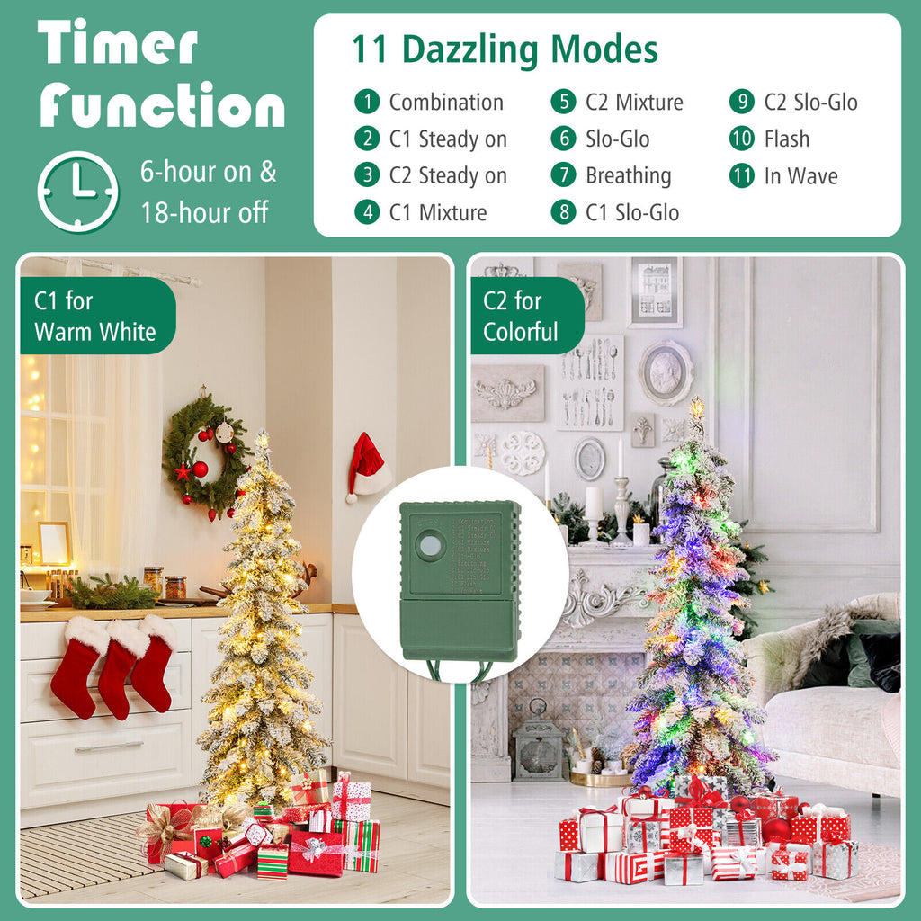 4 ft Snow-Flocked Slim Artificial Christmas Tree with LED Lights - Costway