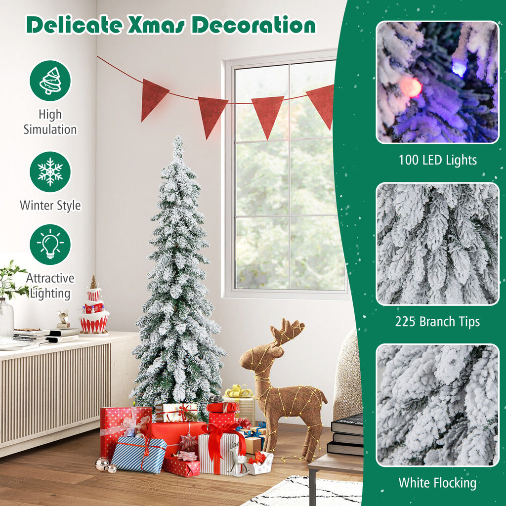 4 ft Snow-Flocked Slim Artificial Christmas Tree with LED Lights - Costway