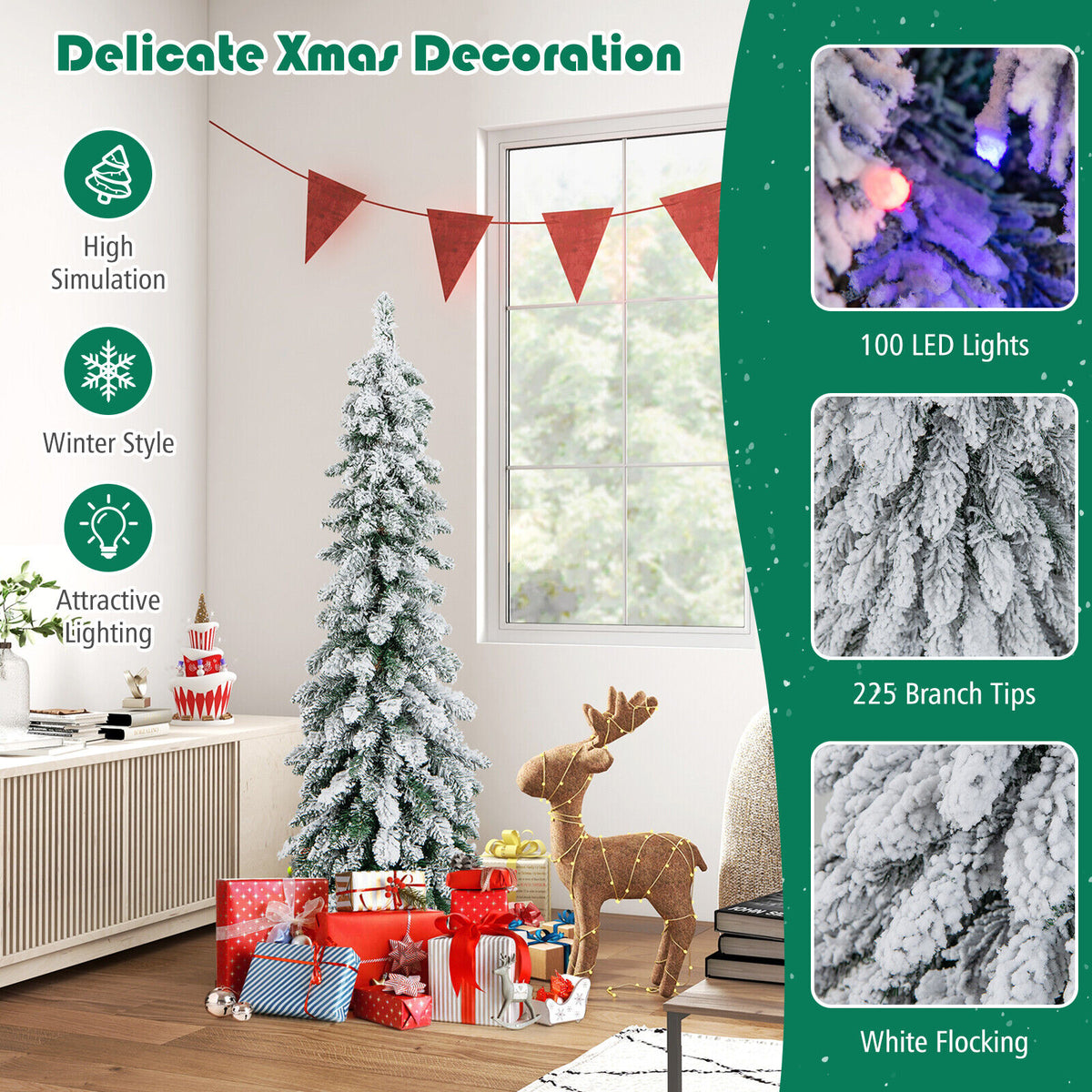 4 ft Snow-Flocked Slim Artificial Christmas Tree with LED Lights - Costway