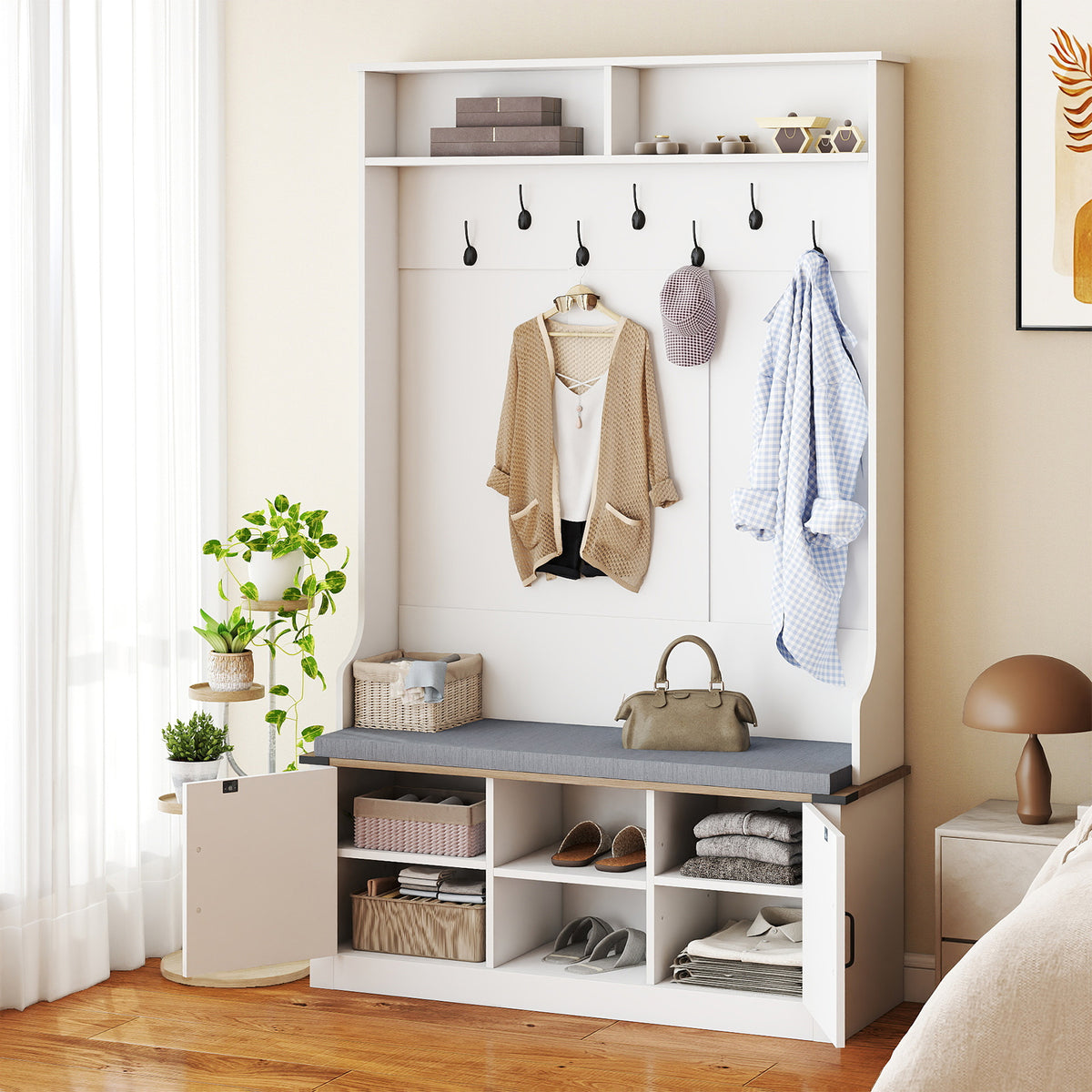 4-in-1 68.5 Inch Tall Coat Rack with Cushioned Bench and Shoe Storage