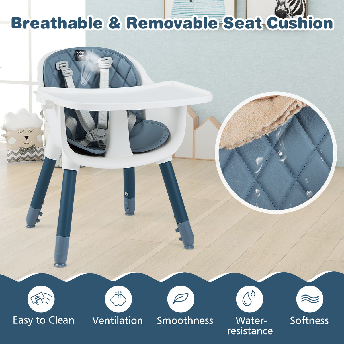 4-in-1 Baby Convertible Toddler Table and Chair Set with PU Cushion - Blue