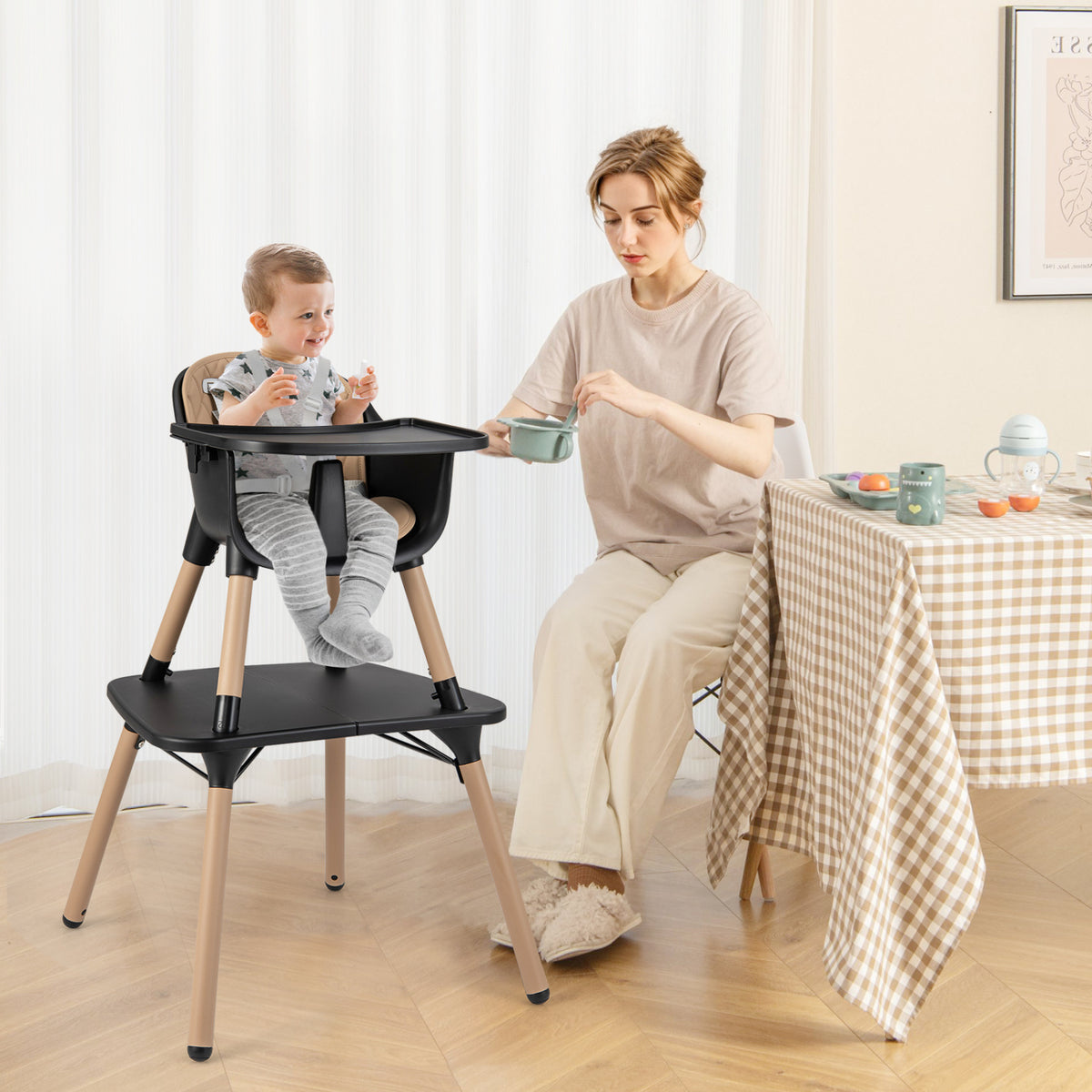4-in-1 Baby Convertible Table & Chair Set with PU Cushion - Brown, Includes High Chair & Dining Set