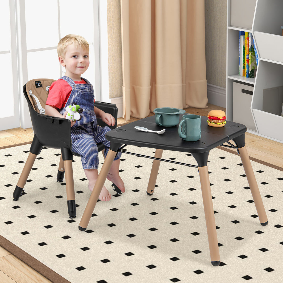 4-in-1 Baby Convertible Table & Chair Set with PU Cushion - Brown, Includes High Chair & Dining Set