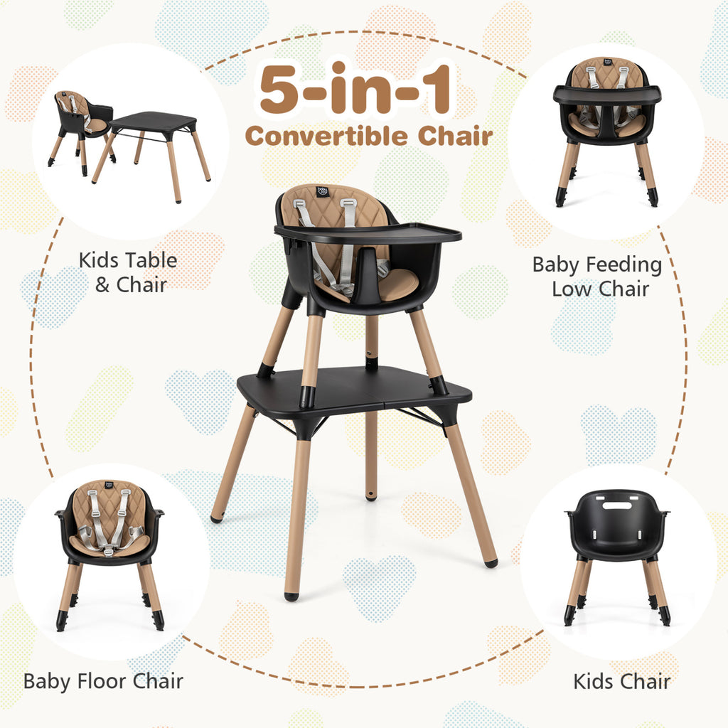 4-in-1 Baby Convertible Table & Chair Set with PU Cushion - Brown, Includes High Chair & Dining Set