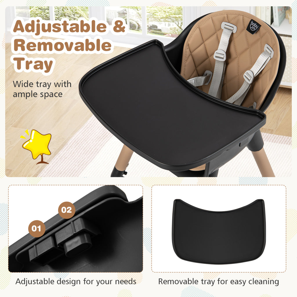 4-in-1 Baby Convertible Table & Chair Set with PU Cushion - Brown, Includes High Chair & Dining Set