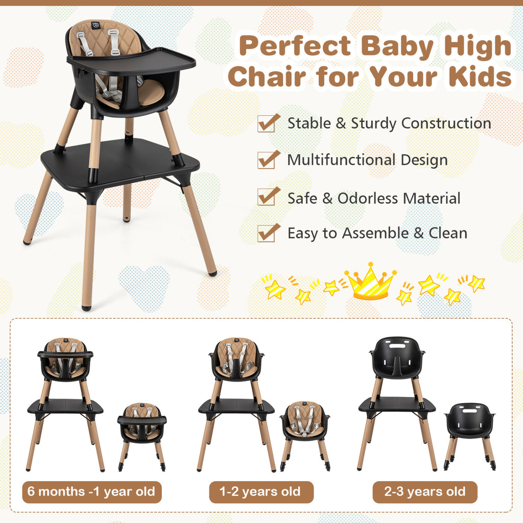 4-in-1 Baby Convertible Table & Chair Set with PU Cushion - Brown, Includes High Chair & Dining Set