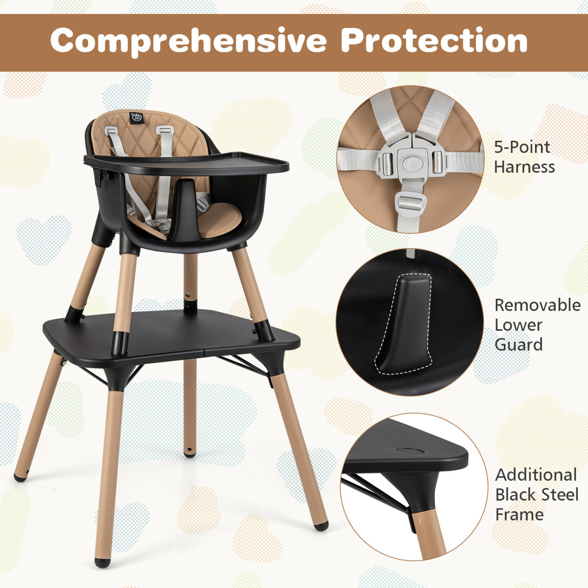 4-in-1 Baby Convertible Table & Chair Set with PU Cushion - Brown, Includes High Chair & Dining Set