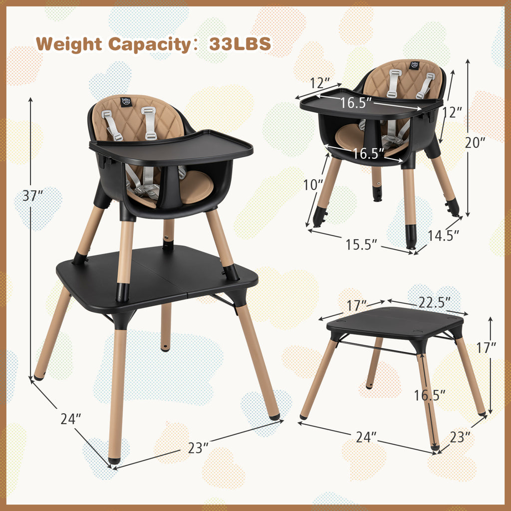4-in-1 Baby Convertible Table & Chair Set with PU Cushion - Brown, Includes High Chair & Dining Set
