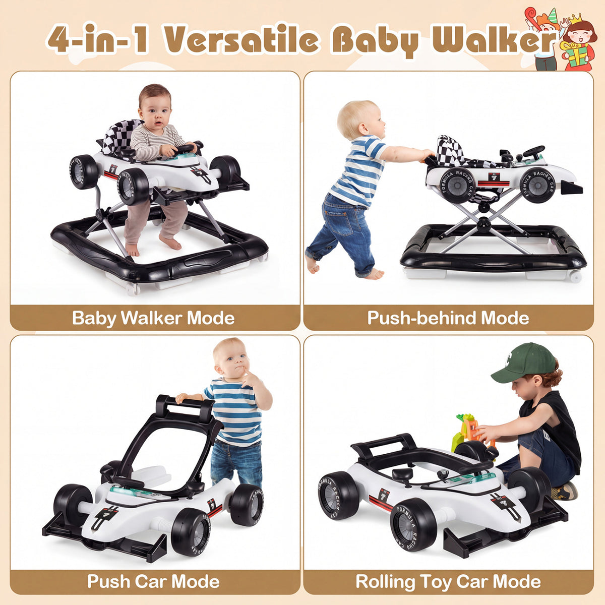 4-in-1 Baby Push Walker Activity Center - Height Adjustable, Music Box, White - Costway