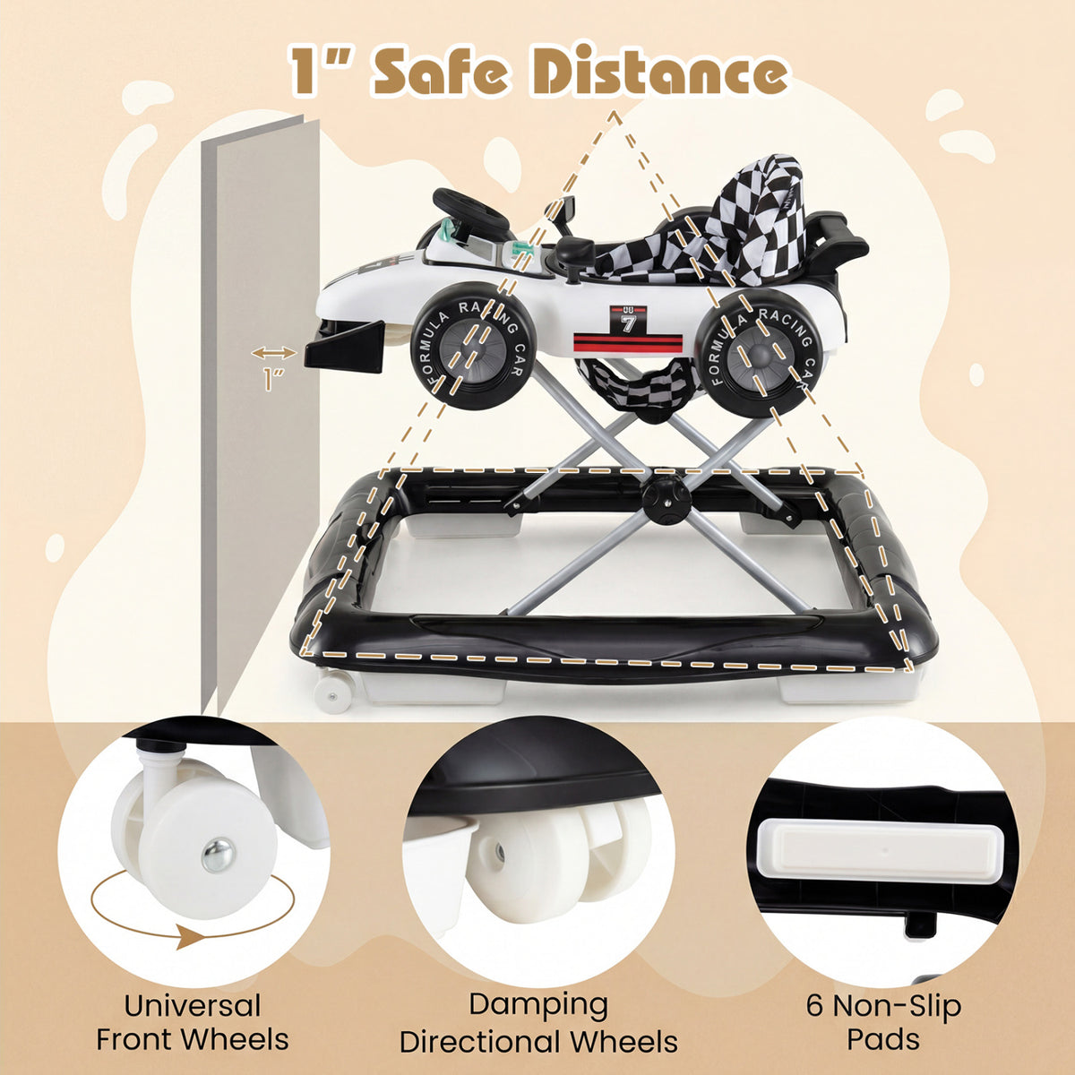 4-in-1 Baby Push Walker Activity Center - Height Adjustable, Music Box, White - Costway