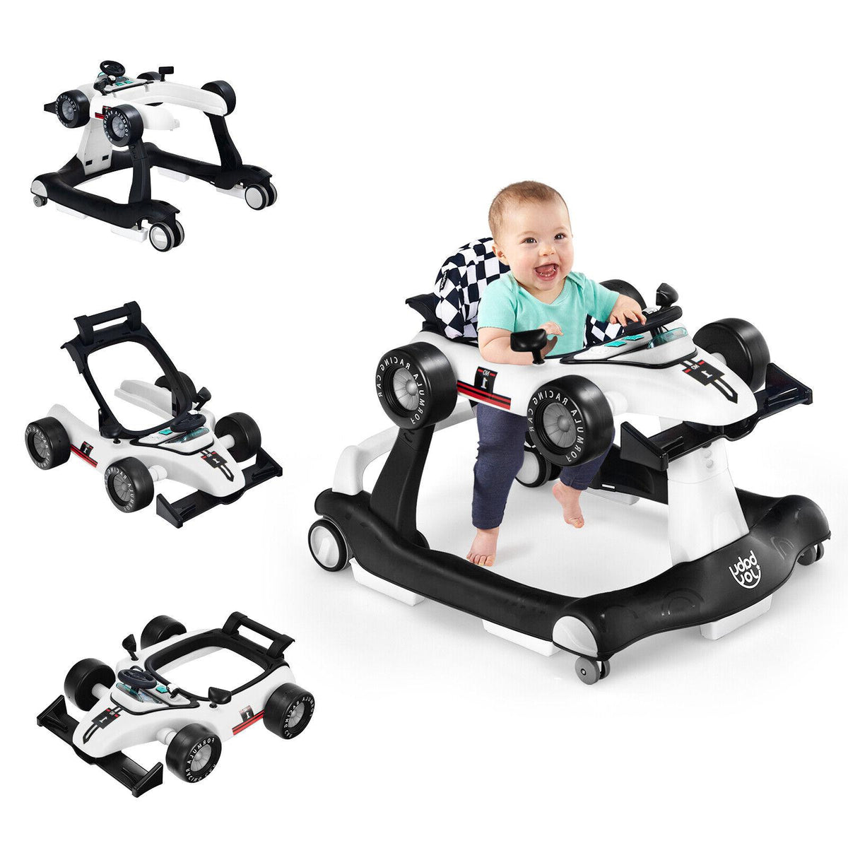 4-in-1 Baby Push Walker with Adjustable Height - White, Foldable Toddler Activity Walker