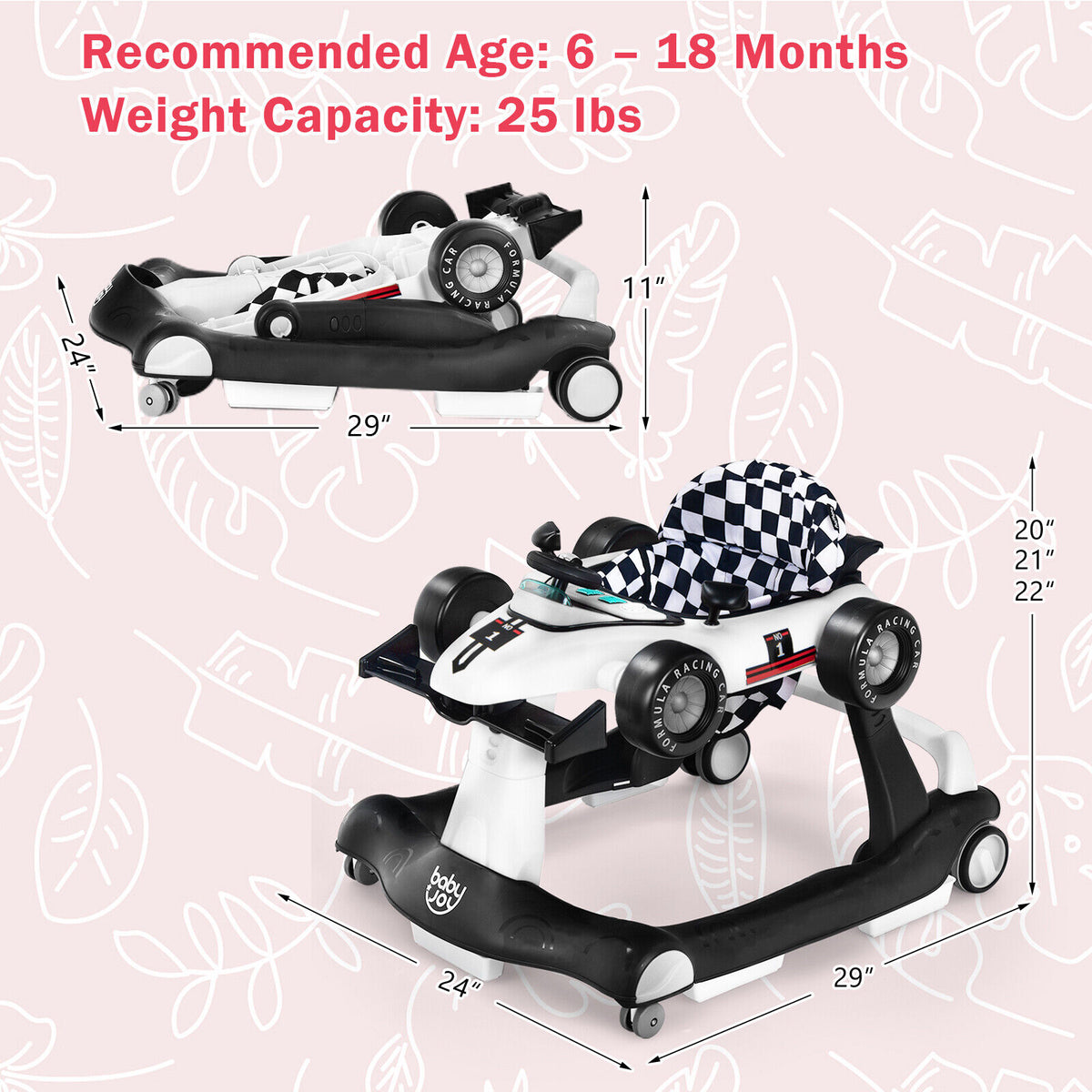 4-in-1 Baby Push Walker with Adjustable Height - White, Foldable Toddler Activity Walker